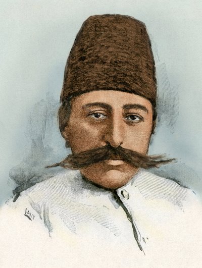 Mozaffar ad-din (ad Din) (Mozaffer ed dine, Mozaffer-ed-dine, Mozzafar-al-Din, Mozzafar al-Din, Mozaffaredin) (1853-1907) portréja, 1896-1907 között Irán sahja. Színes metszet 19. század. alkotó: Unbekannter Künstler