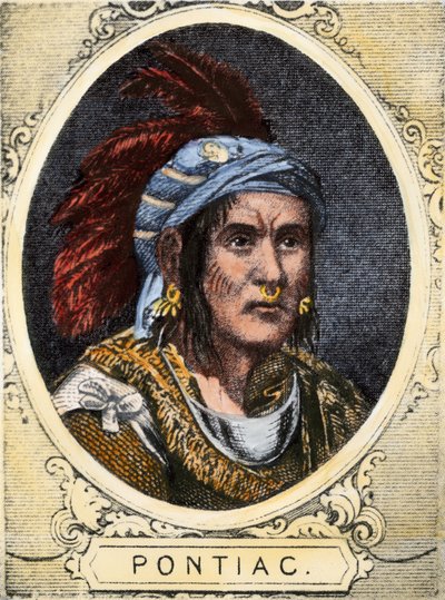 Pontiac (vagy Obwandiyag, 1714-1769 körül), a detroiti Outaouais indiánok törzsének (Ottawa Nation) főnöke portréja. Színes metszet a 19. századból. alkotó: Unbekannter Künstler