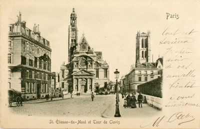 Képeslap / Saint Etienne du Mont / Tour de Clovis / Párizs / Szajna / Ile de France / Franciaország alkotó: William M. Timlin