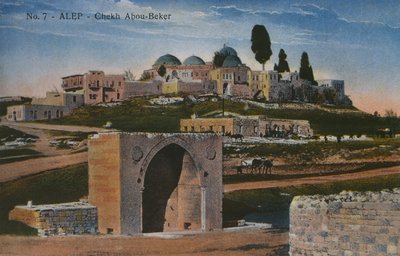 Postkarte mit der Shaykh Abu Bakr Moschee in Aleppo, Syrien, ca. 1920 (Farbfotolithografie) von Unbekannt