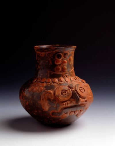 Prekolumbiai művészet, maja civilizáció, kezdeti posztklasszikus időszak: Tlaloc istent ábrázoló agyagedény. Asuncion Mita Jutiapából, Guatemalából. Nap. h. 14x átm. 7,6 cm Guatemala, Museo Nazionale di Archeologia e Etnologia - Kolumbusz előtti művészet,  alkotó: Unbekannt