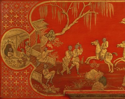 Anna királynő japán irodai szekrénye, amelyen az íróasztal fedelének egy részlete látható, aranyozott és fekete figurákkal, skarlátvörösen, valószínűleg John Belchier, a Szent Pál templomkertből, 18. század eleje alkotó: Unbekannt