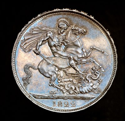 Ritka brit érme, IV. György király, Proof ezüst korona, Anglia védőszentje lóháton, karddal a sárkány megölésére készül, Bernedetto Pistrucci által készített pénzérme. alkotó: Unbekannter Künstler