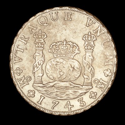 Ritka ezüst érme, VI. Ferdinánd spanyol király, 8 Reale, Herkules oszlopok a Gibralta-szorosban, földgömbökkel, korona alkotó: Unbekannter Künstler
