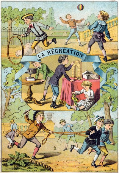 Pihenés az iskola udvarán. Metszet „Alphabet des petits ecoliers” felirattal. Az Epinal képalkotása, 1885 körül. Privee Collection alkotó: Unbekannt