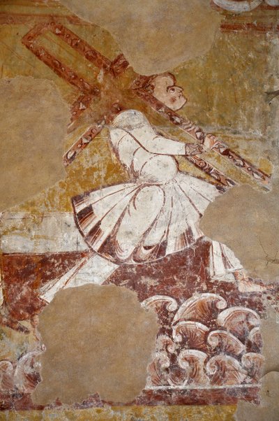 Román művészet: Cypere-i Simon Krisztus keresztjét viseli. Részletkép a "La vie du Christ" (13. század) kórus freskóiból a Szent Márton templomból (Saint Martin) alkotó: Unbekannter Künstler