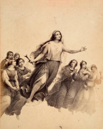 Szent Lucia, fáklyával a kezében, ifjúságtól körülvéve repül át az Empyreán égboltján. Illusztráció Dante Alighieri Isteni komédiája Paradiso című művének XXXII. énekéhez. Francesco Scaramuzza műve, amelyet a firenzei önkormányzatnak szentelt. alkotó: Unbekannter Künstler