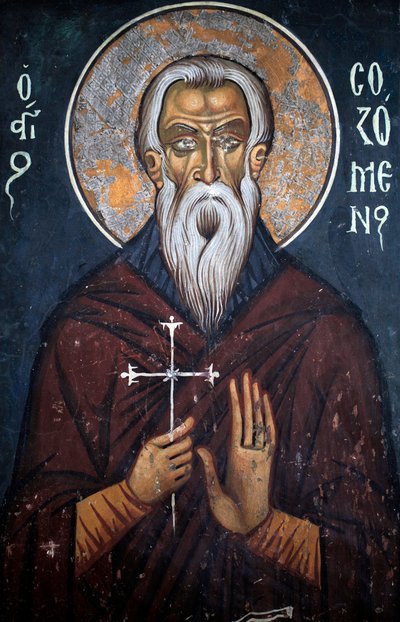 Saint Sozomene, bizánci freskó a 14. századi Nathexből, keleti fal Phorbiotissa Virgin templom, Asinou Unesco helyszín Troodos régió, Ciprus alkotó: Unbekannt