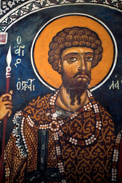 Szent Theodore Stratelates: bizánci freskó a 14. századból (1332) Phorbiotissa Szűz templom, Asinou Ciprus Festett templomok UNESCO-hely Troodos, Ciprus alkotó: Unbekannt