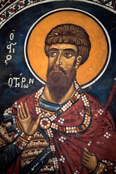 Szent Theodore Tiron: bizánci freskó a 14. századból (1332) Phorbiotissa Szűz templom, Asinou Ciprus Festett templomok UNESCO-hely Troodos, Ciprus alkotó: Unbekannt
