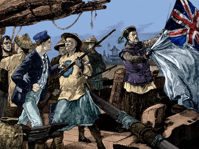 Második ópiumháború: kínai tisztviselők lehúzzák a brit zászlót az Arrow nevű hajóról alkotó: Unbekannter Künstler
