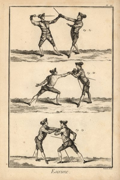 A lefegyverzés második helyzete tierce, a lefegyverzés a carte-on vagy seconde thrust, és a lefegyverzés második helyzete a carte-on. Robert Benard rézmetszete Denis Diderot enciklopédiájának vívásról szóló részéből, Pellet, Genf. alkotó: Unbekannter Künstler