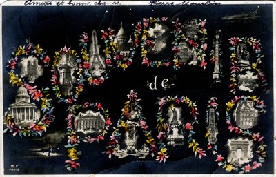 Párizs szuvenírje különböző városi emlékművekkel - 1905-ös képeslap alkotó: Unbekannt