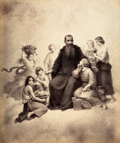 Szent Benedek trónol, körülötte fiatalok búzakévékkel és gyümölcskosarakkal. Illusztráció Dante Alighieri Isteni komédiája Paradiso című művének XXXII. énekéhez. Francesco Scaramuzza műve, amelyet a firenzei önkormányzatnak szentelt. alkotó: Unbekannter Künstler