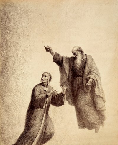 Szent Bernát jelzi Danténak az áldottak rózsáját, ahol Beatrice ül. Illusztráció Dante Alighieri Az isteni komédia Paradiso című művének XXXI. énekéhez. Francesco Scaramuzza műve, amelyet a firenzei önkormányzatnak szentelt. alkotó: Unbekannter Künstler