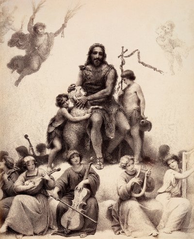 Keresztelő Szent János ül, körülötte zenész angyalok, és egy bárány fejét simogatja. Illusztráció Dante Alighieri Isteni komédiája Paradiso című művének XXXII. énekéhez. Francesco Scaramuzza műve, amelyet a firenzei önkormányzatnak szentelt. alkotó: Unbekannter Künstler