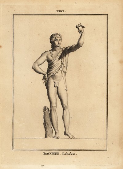 Bacchus Lenaios, a bor római istenének szobra, meztelenül, de oroszlánbőrért, szőlőfürtöt présel alkotó: Unbekannt