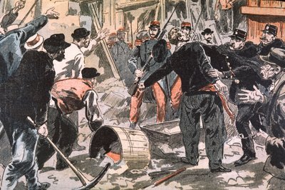 A breton grevisták és a rendfenntartó erők harca egy építkezésen, Párizs, 20. század eleje (metszet) alkotó: Unbekannter Künstler