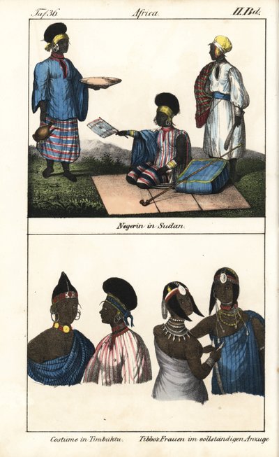 Szudáni nők csíkos ruhában. Alul a timbuktui (Mali) és a szaharai tibbói nők. Litográfia a könyvhöz: "Galerie complete en tableaux fideles des peuples d