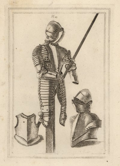 Dönthető páncélruha nagy őrrel és lándzsás támasztékkal a Tower of London 1-ből, sisakkal és nagy őrzővel 2, egy cuirass mellrészével 3 alkotó: Unbekannt