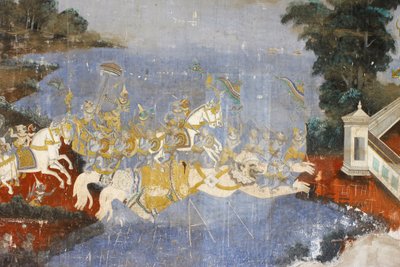 Sylver Pagoda Ez a falfestmény a Reamker jeleneteit ábrázolja, amely a kambodzsai vagy khmer, a klasszikus hindu vers, a Ramayana, Phnom Penh, Kambodzsa változata. alkotó: Unbekannt