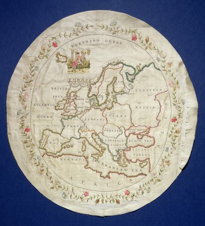T.142-1938 Sampler, amely Európa térképét mutatja, angol, 18. század vége (színes selyemszálak a selyemen) alkotó: Unbekannt