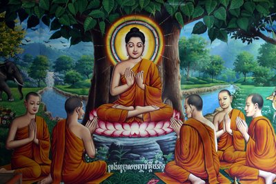 Buddhát a tanítványokkal ábrázoló templomi freskó. Kambodzsa alkotó: Unbekannt