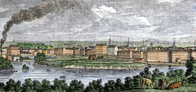 Textilgyárak a Merrimack (Merrimac) és a Concord folyók mentén, Lowell, Massachusetts, USA, 1830-as évek. Színes metszet a 19. századból. alkotó: Unbekannter Künstler