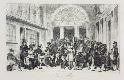 „The Alley”, Zsemle eladó a Londoni Értéktőzsde bejáratánál, Capel Court, 1850 körül (rézkarc) alkotó: Unbekannt