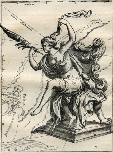 A Hevelius Atlasz Cassiopee (1690): Cassiopee, Cefee etióp király felesége, pálmafákkal díszített karosszékben ül. Metszet Camille Flammarion „Az ég csillagai és egyéb érdekességei” című könyvéből alkotó: Unbekannt