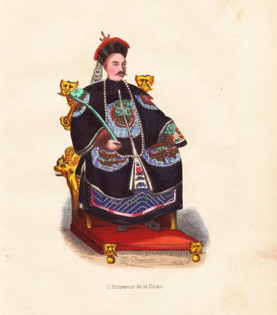 A kínai császár hímzett köntösben és pávatollas kalapban ül a trónján. Mercier kézi fametszete Pannemaker illusztrációja után Auguste Wahlen "Mores, Uses et Costumes de tous les Peuples du Monde" című művéből, Librairie Hist. alkotó: Unbekannter Künstler