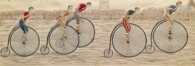 The Last Lap, Penny Farthing Race, selyem Stevengraph, Thomas Stevens of Coventry, Coventry alkotó: Unbekannter Künstler