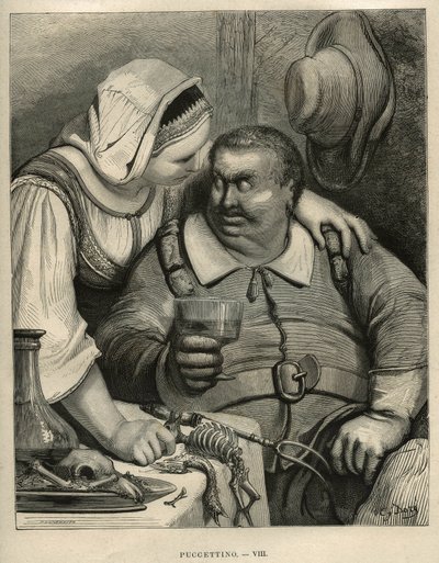 A Kis Pouket: az ogre és felesége az étkezés befejezése után. Gustave Dore (1832-1883) metszete Charles Perrault (1628-1703) „Les contes” című könyvéből alkotó: Unbekannt