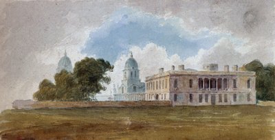 A királynő háza és a greenwichi kórház (Anglia), a Queen Mary Court és a King William Court épületek kupoláival. David Coxnak (1783-1859) tulajdonított festmény, akvarell 1804 körül. alkotó: Unbekannter Künstler