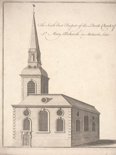 A St. Mary Abchurch plébániatemplom délkeleti kilátása, Abchurch Lane, 1740 körül (metszet) alkotó: Unbekannter Künstler