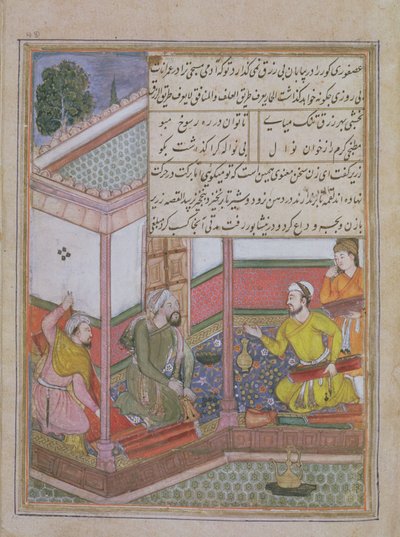 A huszonhetedik éjszaka: Zarir és két másik takács ruhát ad el egy erszényes férfinak, Tuti Namából (Tutiname) 1580 körül (vellum) alkotó: Unbekannt