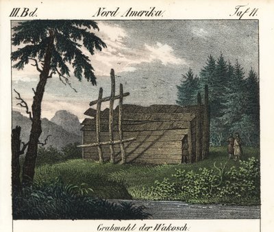 A wakashan indiánok fás sírja (Kanada). A könyv litográfiája: Friedrich Wilhelm Goedsche (1785-1863) "Galerie complete en tableaux fideles des peuples d