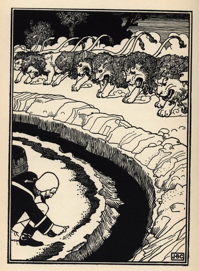 A báró az oroszlánok támadásától puskapor felgyújtásával védekezik. Illusztráció: William Strang (1859-1921) és JB Clark Rudolf Erich Raspe (1736-1794) A münchauseni báró (Munchhausen) kalandjaiból (1789) alkotó: Unbekannt
