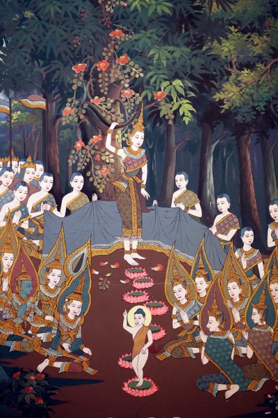 A csecsemő Sziddhárta születése, falfreskó, Wat Botum templom, Phnom Penh, 2022 (fotó) alkotó: Unbekannter Künstler