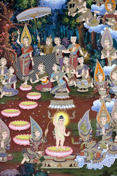 A csecsemő Sziddhárta születése, falfreskó, Wat Maniratanaram kolostor, Phnom Penh, 2022 (fotó) alkotó: Unbekannter Künstler