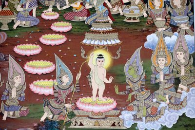 A csecsemő Sziddhárta születése, falfreskó, Wat Maniratanaram kolostor, Phnom Penh, 2022 (fotó) alkotó: Unbekannter Künstler