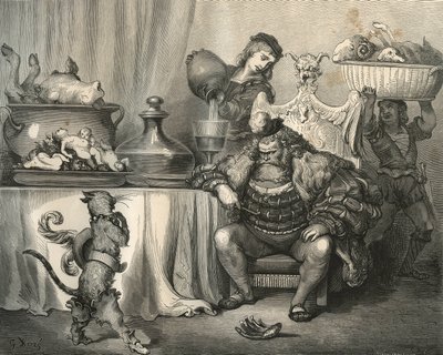 A bakancsmacska találkozik az Ogrével. Gustave Dore (1832-1883) metszete Charles Perrault (1628-1703) „Les contes” című könyvéből alkotó: Unbekannt