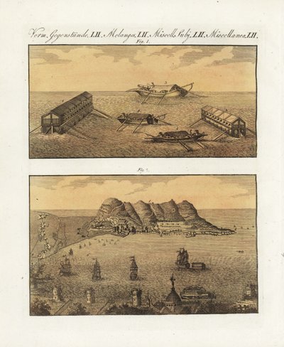 A brit hadsereg úszó ütegei Gibraltárban 1782-ben. Egy 210 ágyúval felszerelt, két szintes uszály és egy másik egyszintes uszály, amelyet Arcon francia mérnök tervezett a város bombázására. A brit haditengerészet úszó ütegei Gibraltárban. alkotó: Unbekannter Künstler