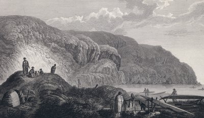 Oonalashka (vagy Unalaska, Alaszka, Egyesült Államok) lakói és lakóhelyük. Metszet a 18. század végén, John Webber (1751-1793) nyomán. alkotó: Unbekannter Künstler