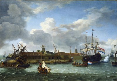 Onrust szigete, Batavia (ma Jakarta, Indonézia) partjainál, a Holland Kelet-indiai Társaság hajóinak kereskedelmi tevékenységéhez és karbantartásához szükséges összes infrastruktúrával felszerelve. alkotó: Unbekannter Künstler