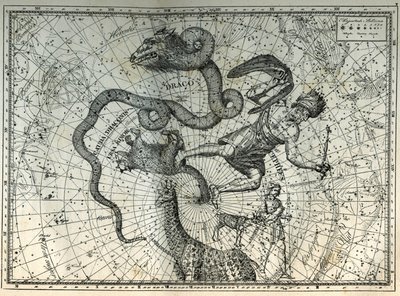 Az Északi-sark közeli csillagképei: Kis Medve, Sárkány, Cephee, Zsiráf, Rénszarvas és Messier. Metszet Camille Flammarion „Az ég csillagai és egyéb érdekességei” című művéből alkotó: Unbekannt