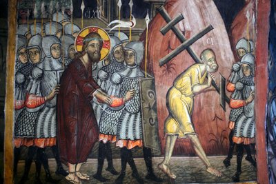Simon Krisztus szenvedélye a kereszt bizánci freskója az Agios Ioannis Lampadistis kolostorból, Lampadistis Szent János kolostorból, 11. század Ciprus Festett templomok UNESCO-hely Troodos, Ciprus alkotó: Unbekannt