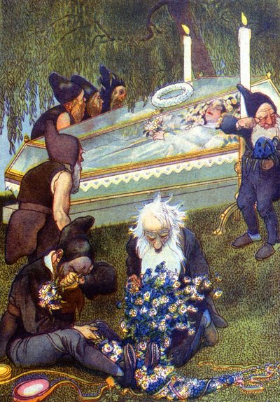 A hét törpe sírja Hófehérkét a koporsóban, 19. század vége (illusztráció) alkotó: Unbekannter Künstler