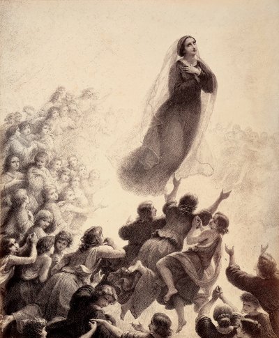 A boldogok szellemei kinyújtott karokkal, énekkel kísérik Mária visszaszállását a Birodalomba. Illusztráció Dante Alighieri Isteni komédiájának Paradiso XXIII. énekéhez. Francesco Scaramuzza műve, amelyet a firenzei önkormányzatnak szentelt. alkotó: Unbekannter Künstler