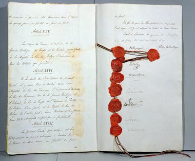 Szerződés Belgium szuverén állam létrehozásáról, aláírva 1831. november 15-én a londoni konferencián (toll, tinta és viasz papíron) alkotó: Unbekannt